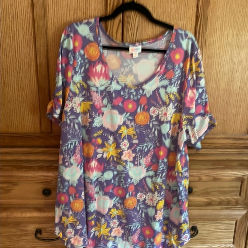 LuLaRoe Pink and Purple Morgan Flare Tee